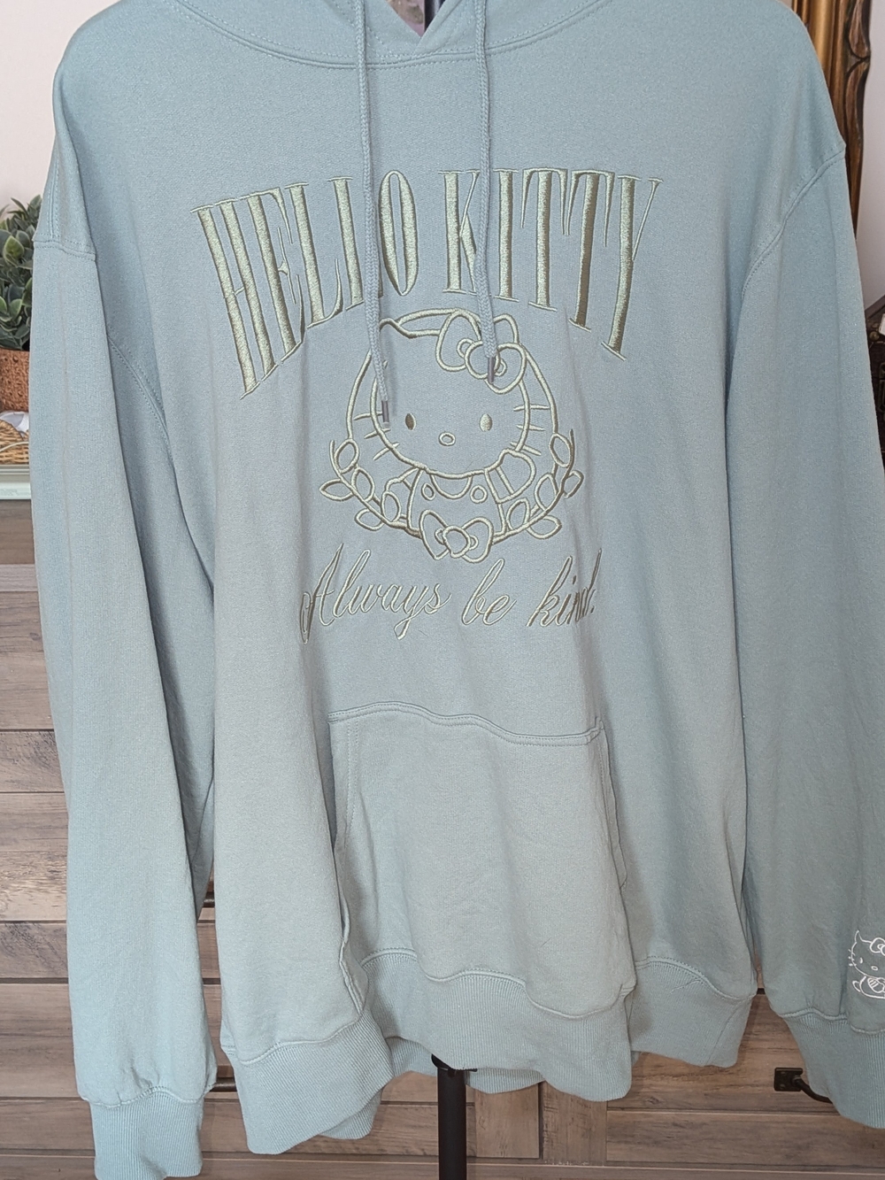 Hello Kitty Always Be Kind Hoodie 2XL Sage Green Embroidered Sanrio Sweatshirt
